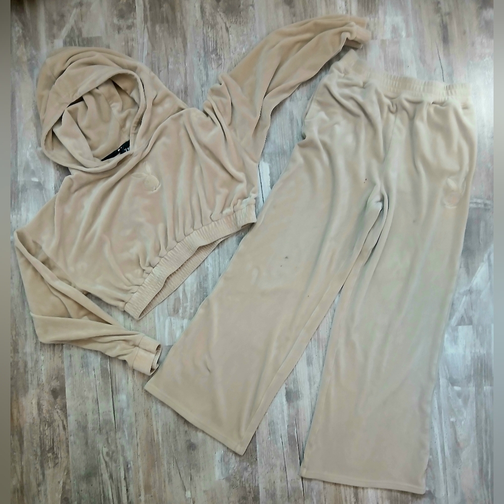 Playboy Women’s Velour Tracksuit Set Hoodie + Pants Beige Bunny Logo Y2K